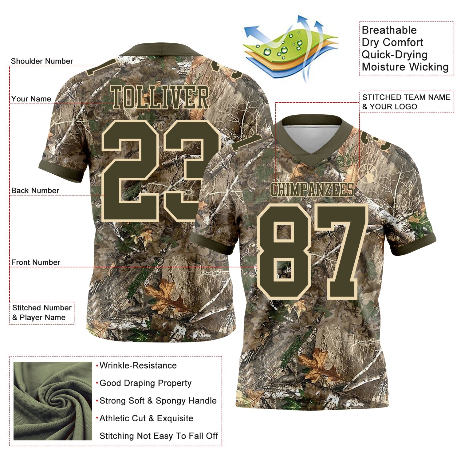 Custom Camo Olive-Cream Authentic Woodland Camouflage Salute To Service 7V7 Flag Football Jersey view 2