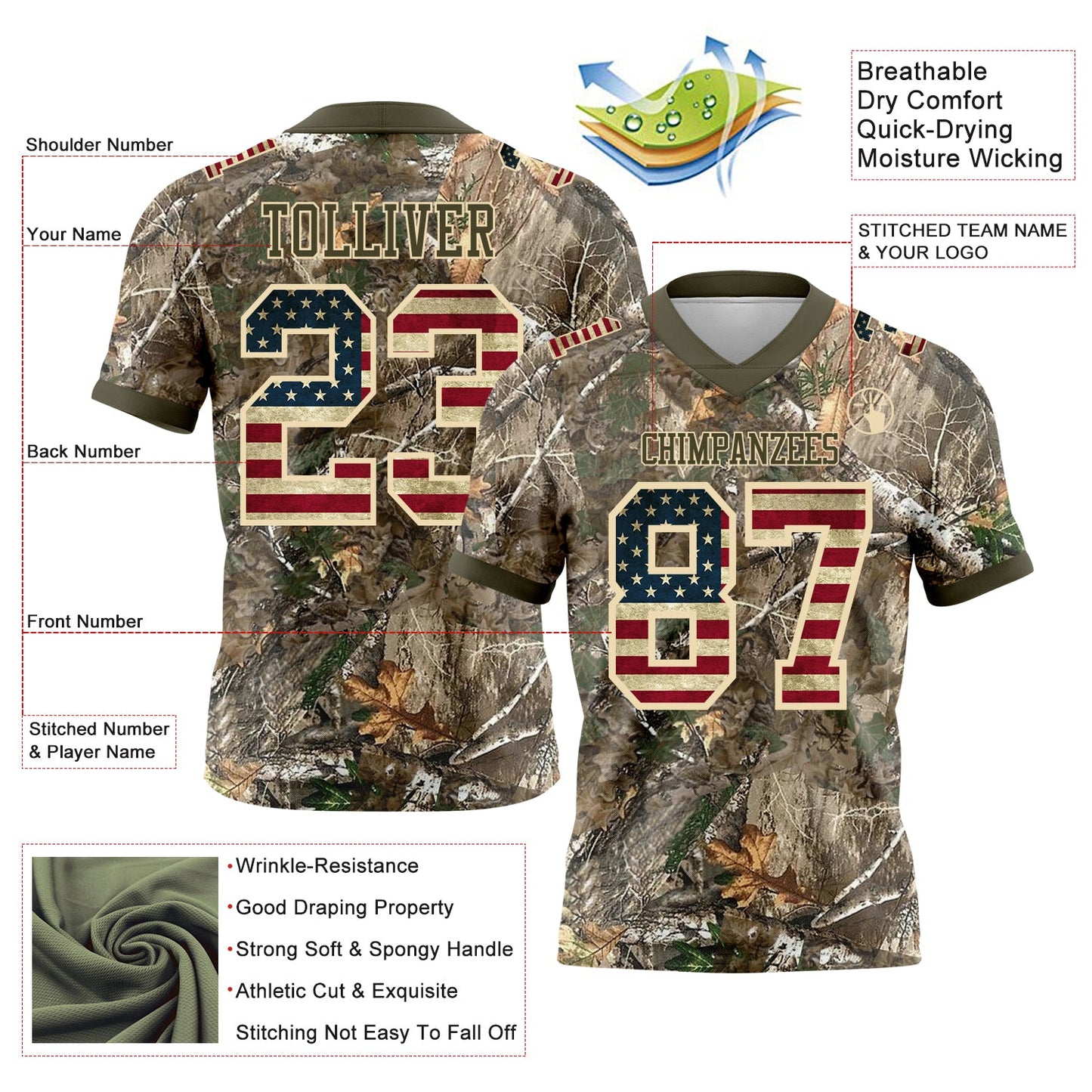 Custom Camo Vintage USA Flag Cream-Olive Authentic Woodland Camouflage Salute To Service 7V7 Flag Football Jersey view 2