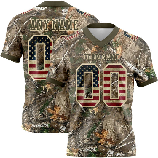 Custom Camo Vintage USA Flag Cream-Olive Authentic Woodland Camouflage Salute To Service 7V7 Flag Football Jersey - Main View