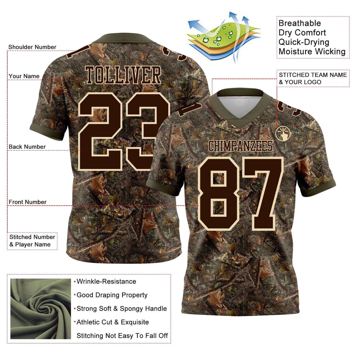 Custom Camo Brown Cream-Olive Authentic Woodland Camouflage Salute To Service 7V7 Flag Football Jersey view 2