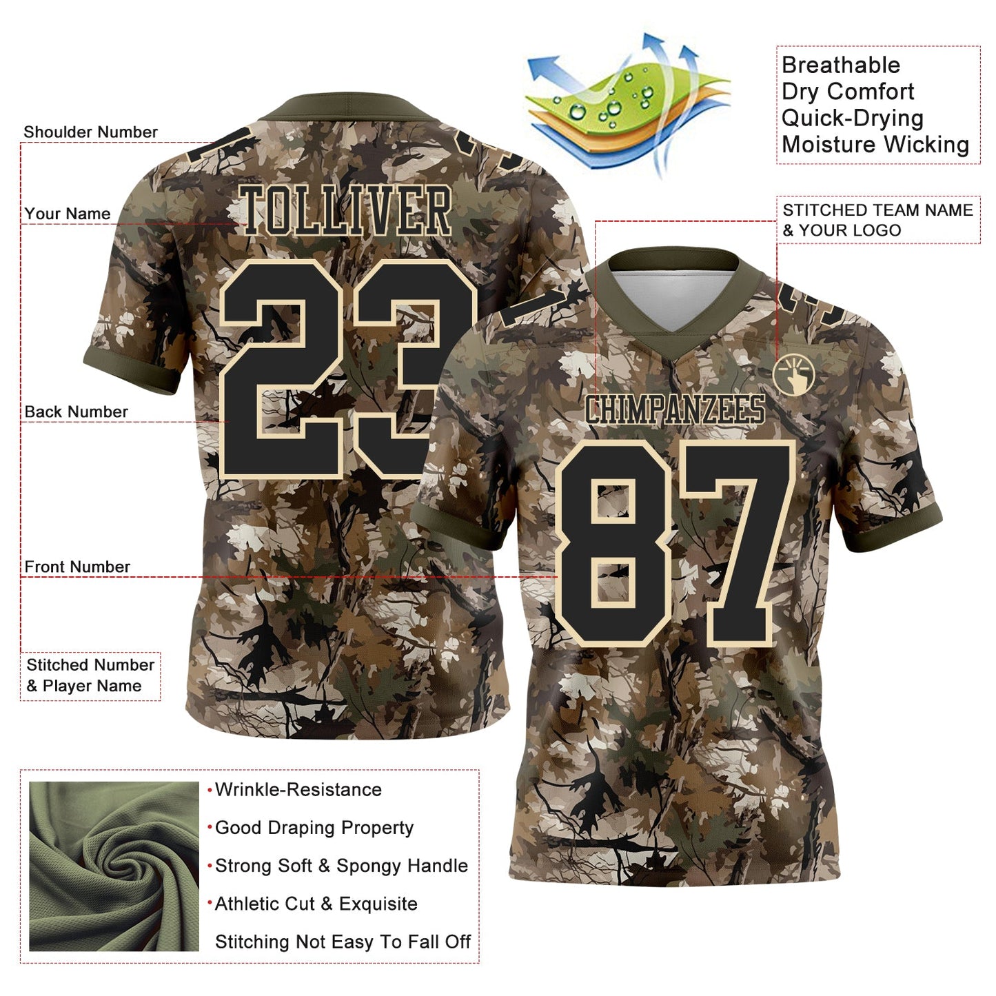 Custom Camo Black Cream-Olive Authentic Woodland Camouflage Salute To Service 7V7 Flag Football Jersey view 2