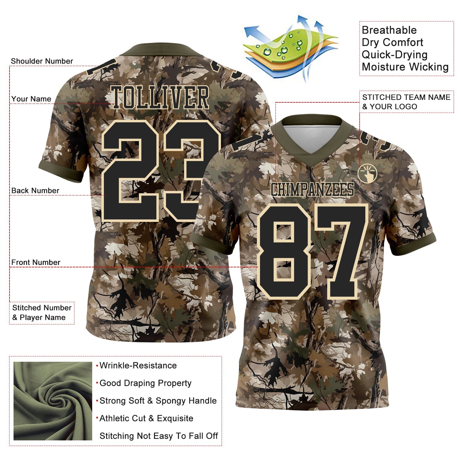 Custom Camo Black Cream-Olive Authentic Woodland Camouflage Salute To Service 7V7 Flag Football Jersey view 2