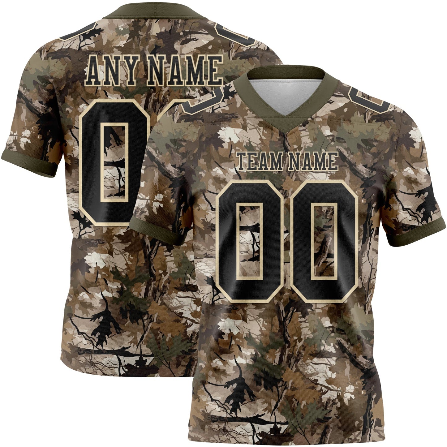 Custom Camo Black Cream-Olive Authentic Woodland Camouflage Salute To Service 7V7 Flag Football Jersey - Main View