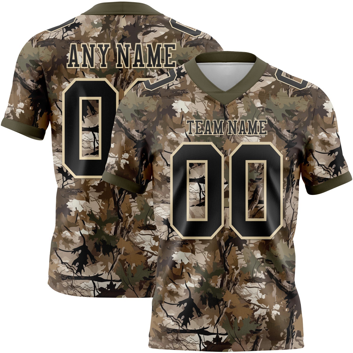 Custom Camo Black Cream-Olive Authentic Woodland Camouflage Salute To Service 7V7 Flag Football Jersey - Main View