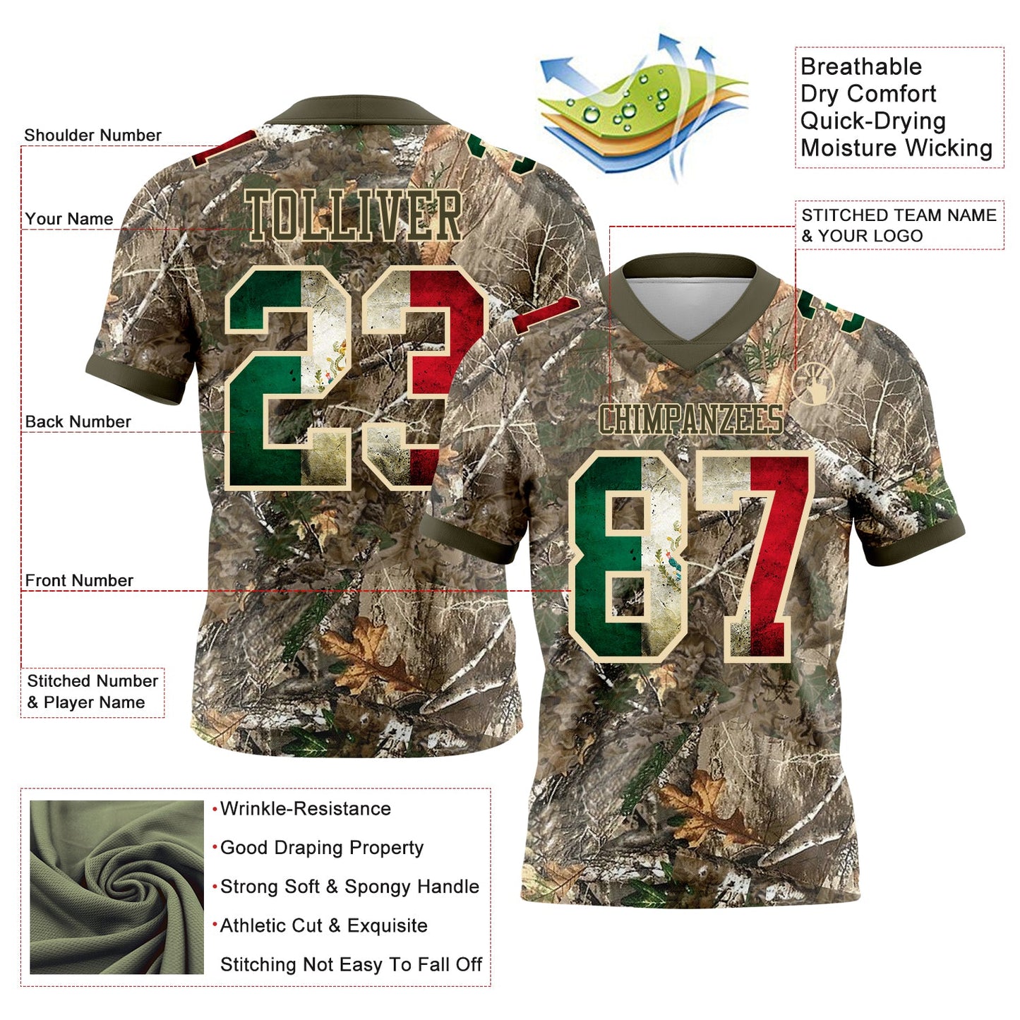 Custom Camo Vintage Mexican Flag Cream-Olive Authentic Woodland Camouflage Salute To Service 7V7 Flag Football Jersey view 2