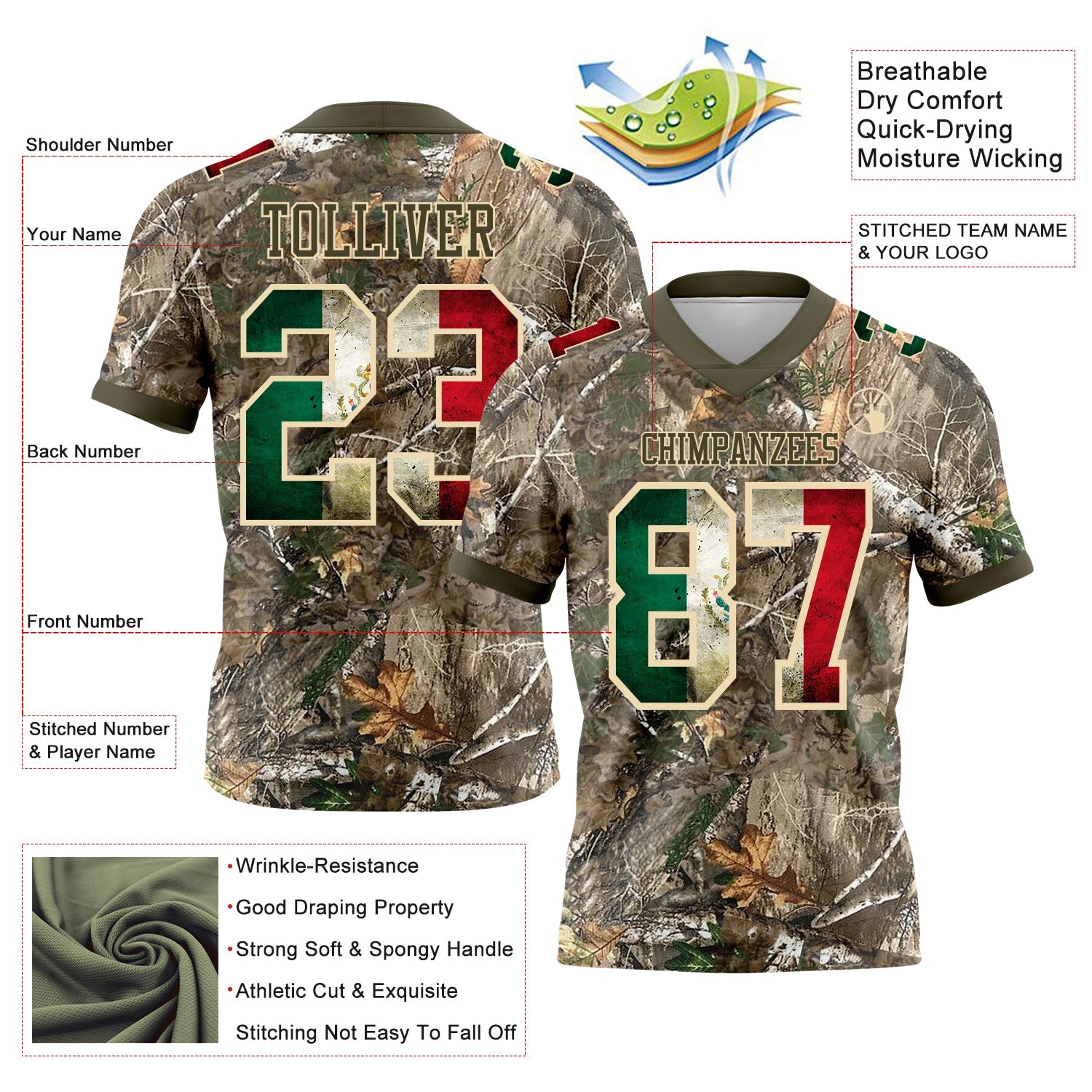 Custom Camo Vintage Mexican Flag Cream-Olive Authentic Woodland Camouflage Salute To Service 7V7 Flag Football Jersey view 2