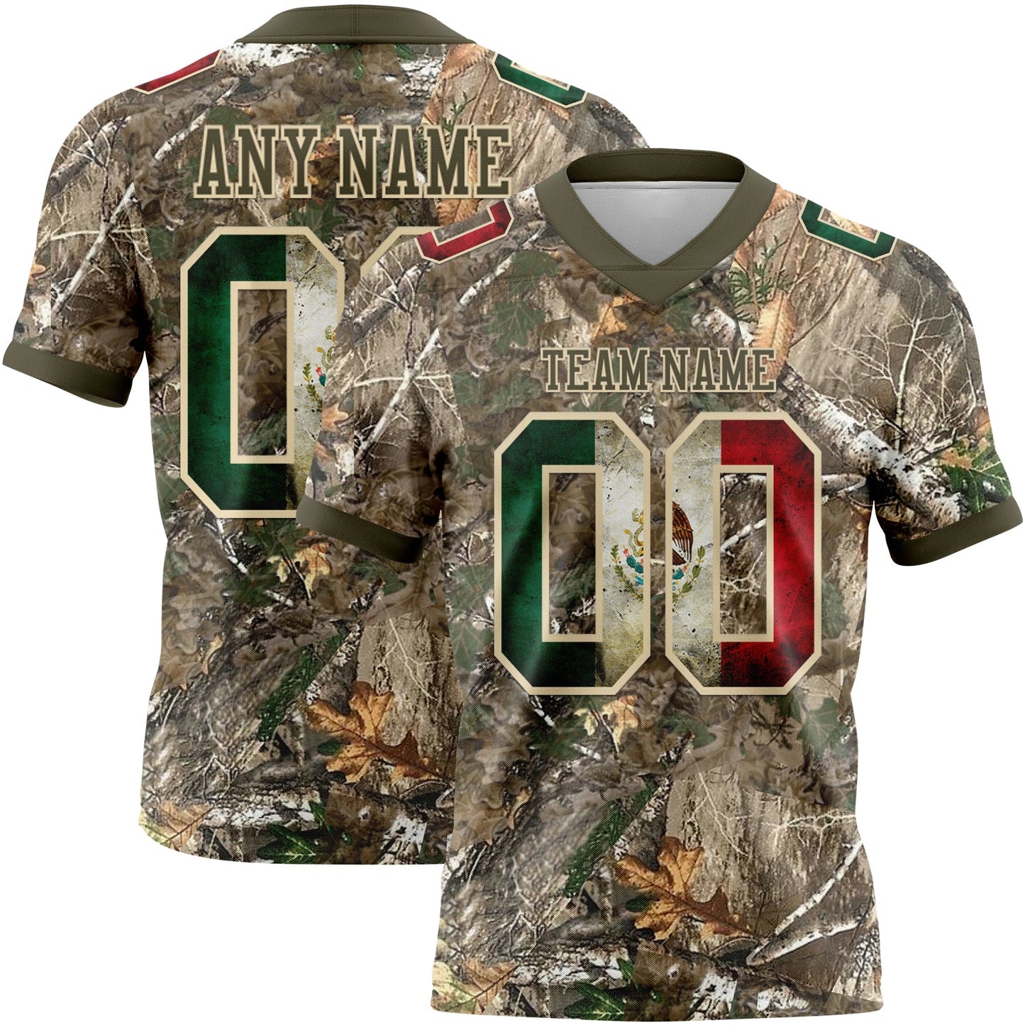 Custom Camo Vintage Mexican Flag Cream-Olive Authentic Woodland Camouflage Salute To Service 7V7 Flag Football Jersey - Main View