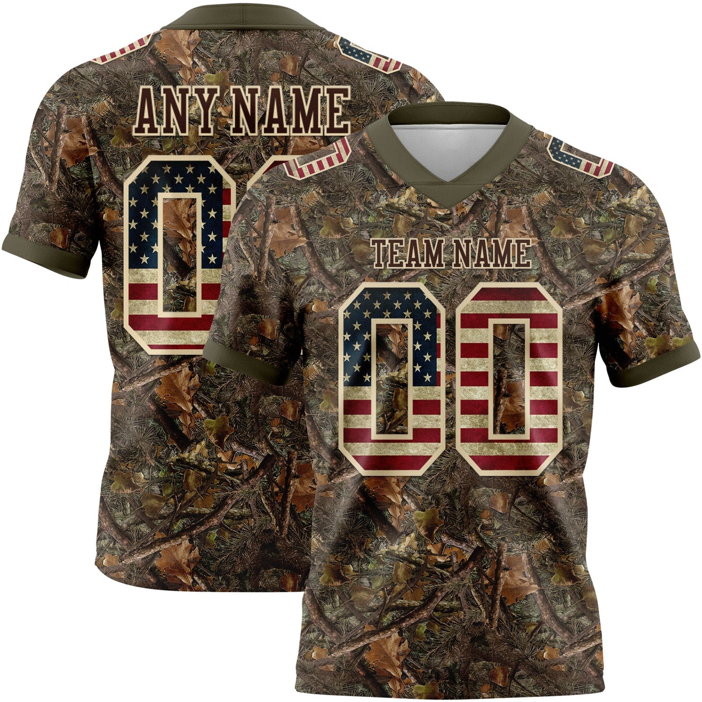 Custom Camo Vintage USA Flag Cream Brown-Olive Authentic Woodland Camouflage Salute To Service 7V7 Flag Football Jersey - Main View