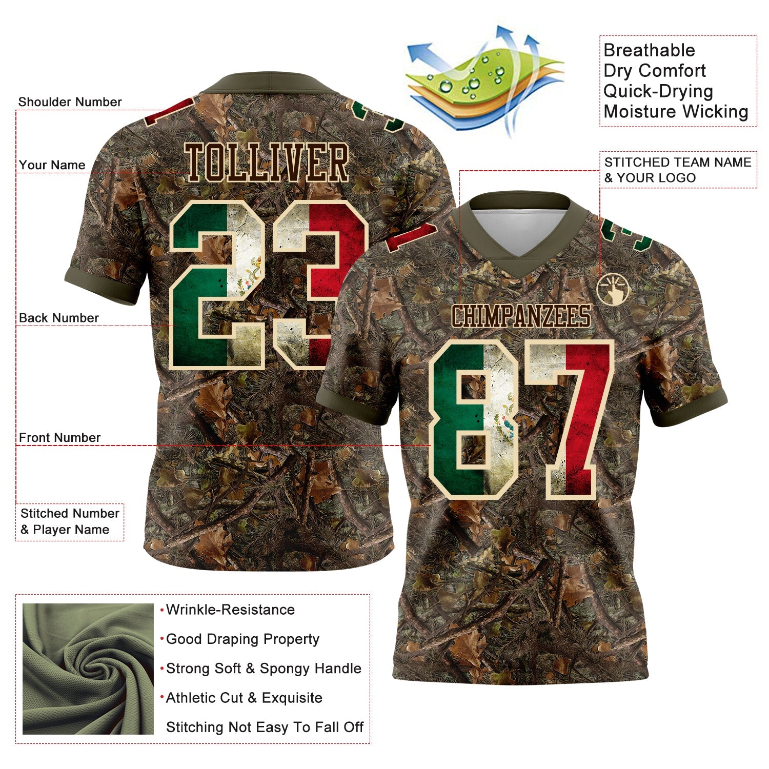 Custom Camo Vintage Mexican Flag Cream Brown-Olive Authentic Woodland Camouflage Salute To Service 7V7 Flag Football Jersey view 2