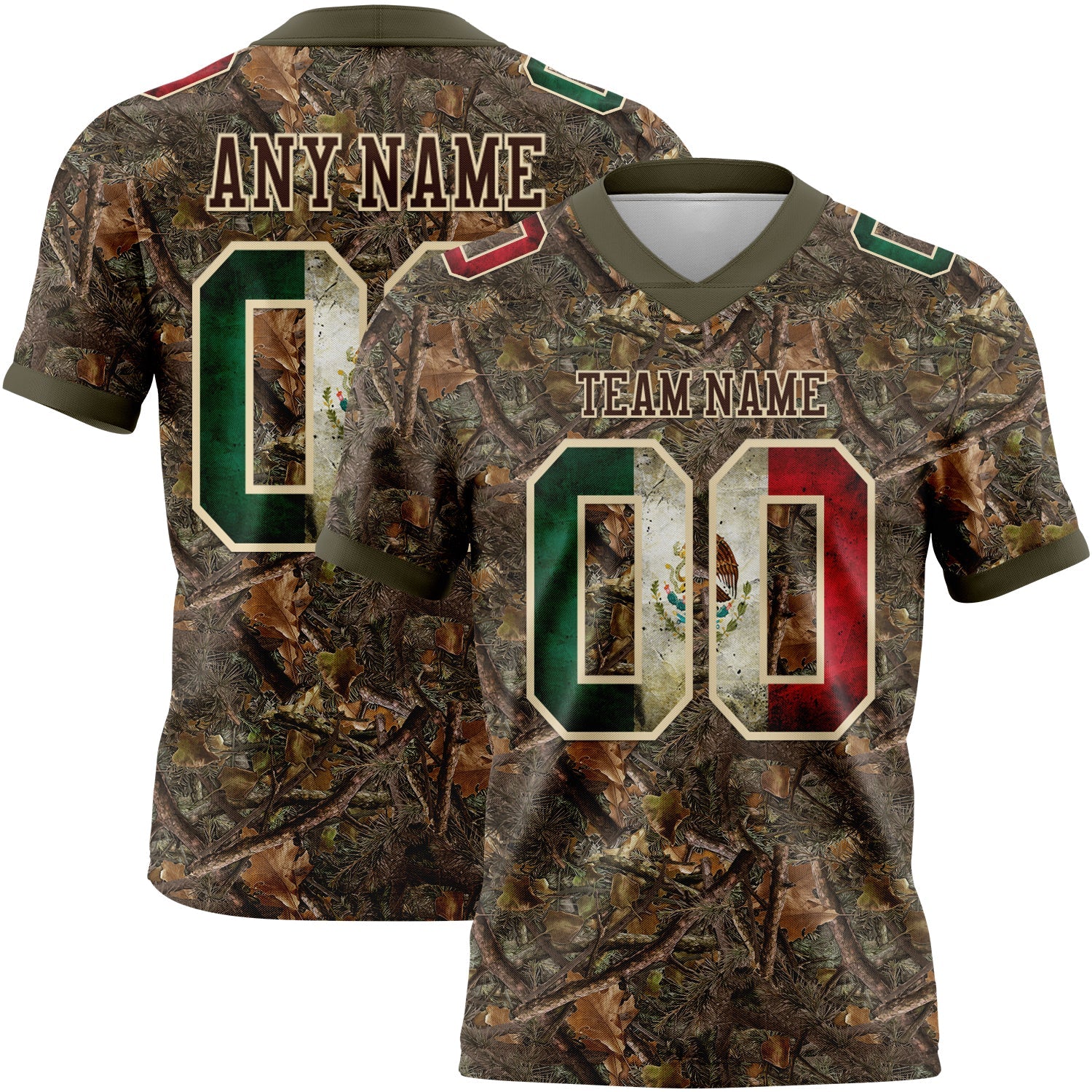 Custom Camo Vintage Mexican Flag Cream Brown-Olive Authentic Woodland Camouflage Salute To Service 7V7 Flag Football Jersey - Main View