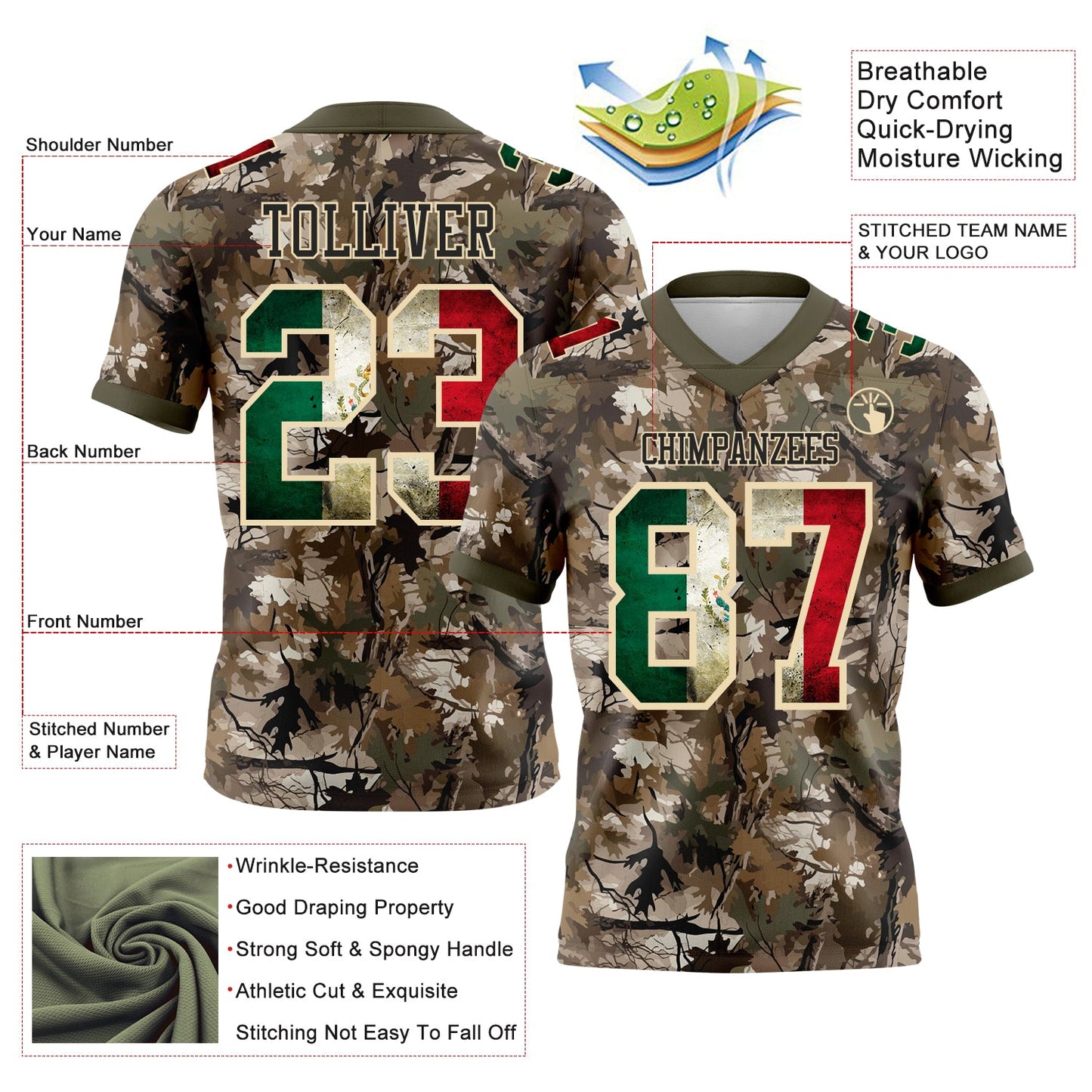 Custom Camo Vintage Mexican Flag Cream Black-Olive Authentic Woodland Camouflage Salute To Service 7V7 Flag Football Jersey view 2
