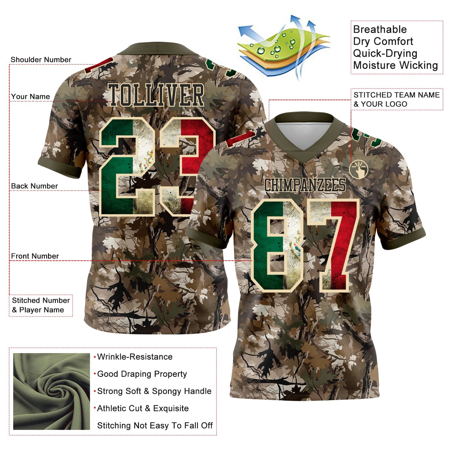 Custom Camo Vintage Mexican Flag Cream Black-Olive Authentic Woodland Camouflage Salute To Service 7V7 Flag Football Jersey view 2