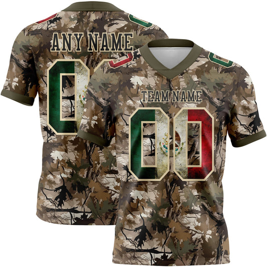 Custom Camo Vintage Mexican Flag Cream Black-Olive Authentic Woodland Camouflage Salute To Service 7V7 Flag Football Jersey - Main View