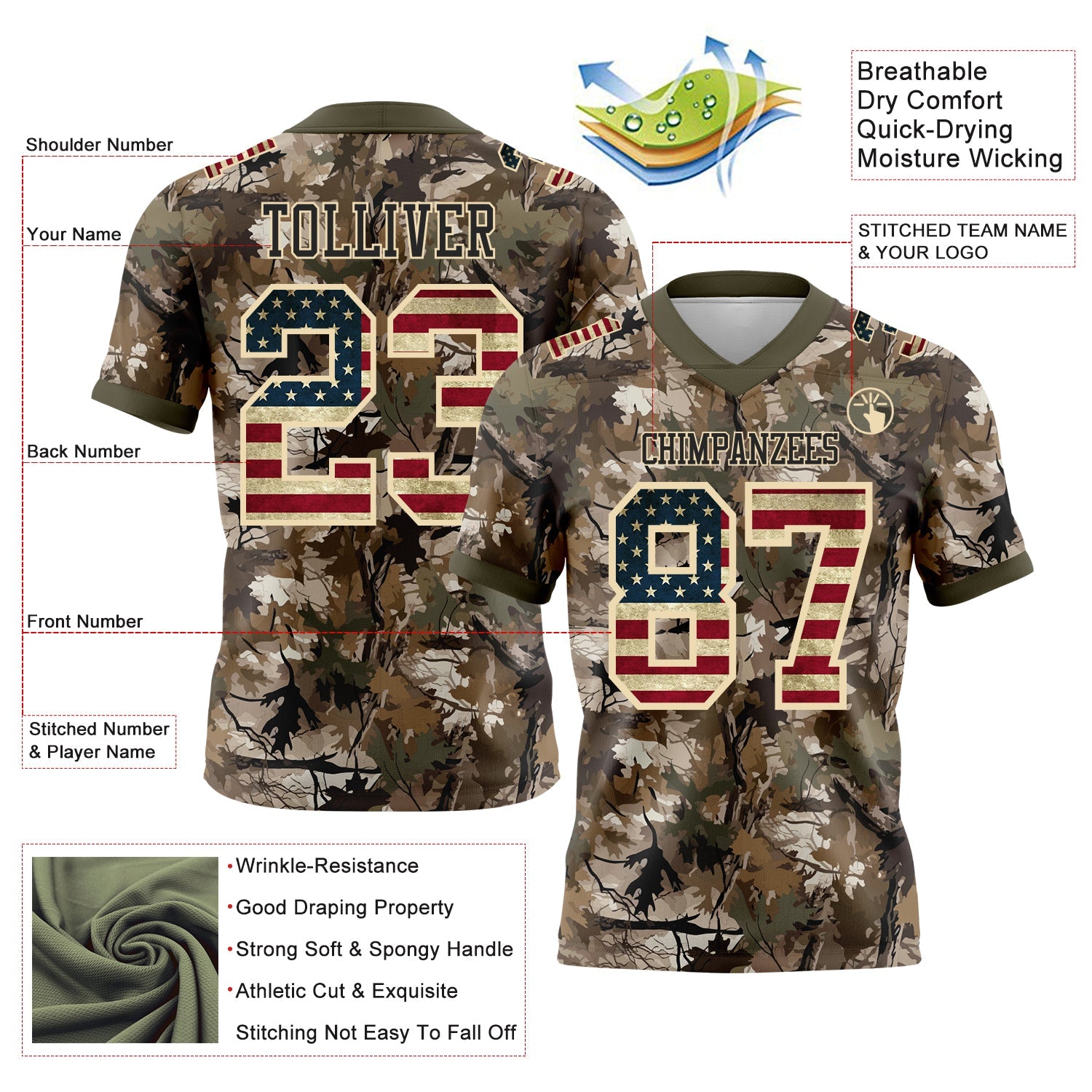 Custom Camo Vintage USA Flag Cream Black-Olive Authentic Woodland Camouflage Salute To Service 7V7 Flag Football Jersey view 2