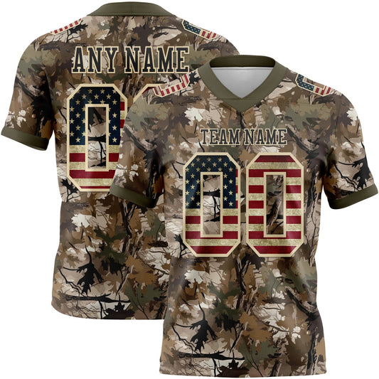 Custom Camo Vintage USA Flag Cream Black-Olive Authentic Woodland Camouflage Salute To Service 7V7 Flag Football Jersey - Main View