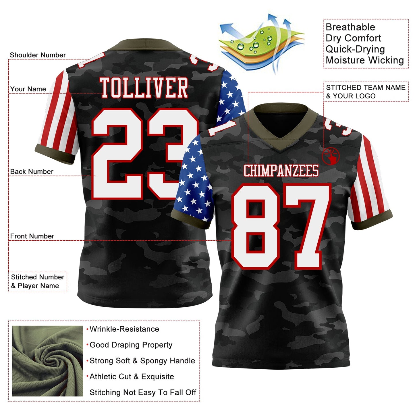 Custom Camo White Red-Olive Authentic American Flag Stars And Stripes Two Tone Salute To Service 7V7 Flag Football Jersey view 2