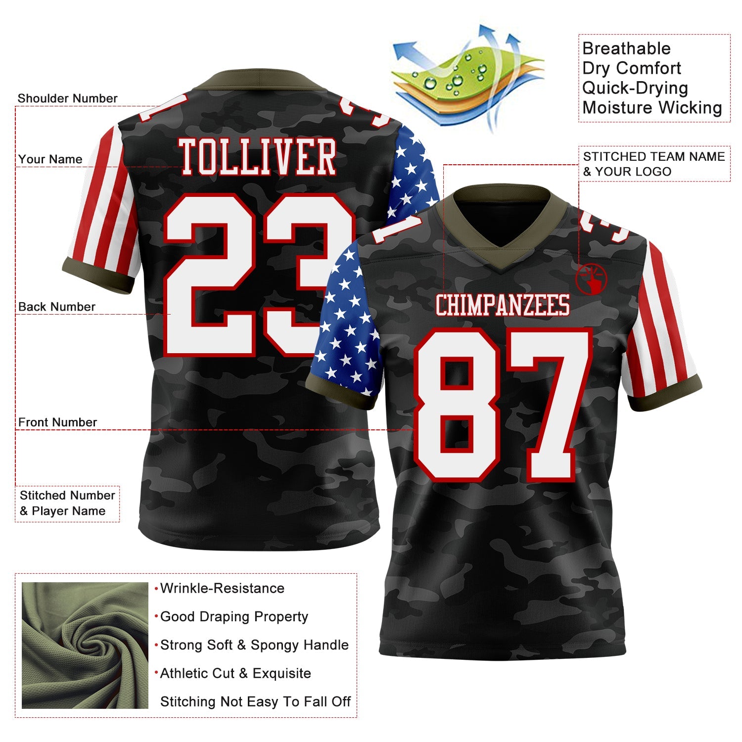 Custom Camo White Red-Olive Authentic American Flag Stars And Stripes Two Tone Salute To Service 7V7 Flag Football Jersey view 2