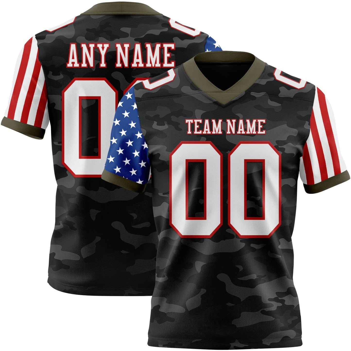 Custom Camo White Red-Olive Authentic American Flag Stars And Stripes Two Tone Salute To Service 7V7 Flag Football Jersey - Main View