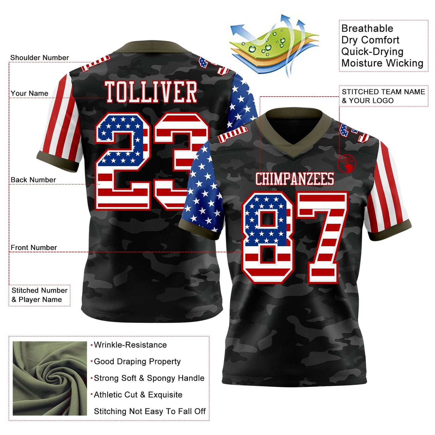 Custom Camo USA Flag White Red-Olive Authentic Stars And Stripes Two Tone Salute To Service 7V7 Flag Football Jersey view 2
