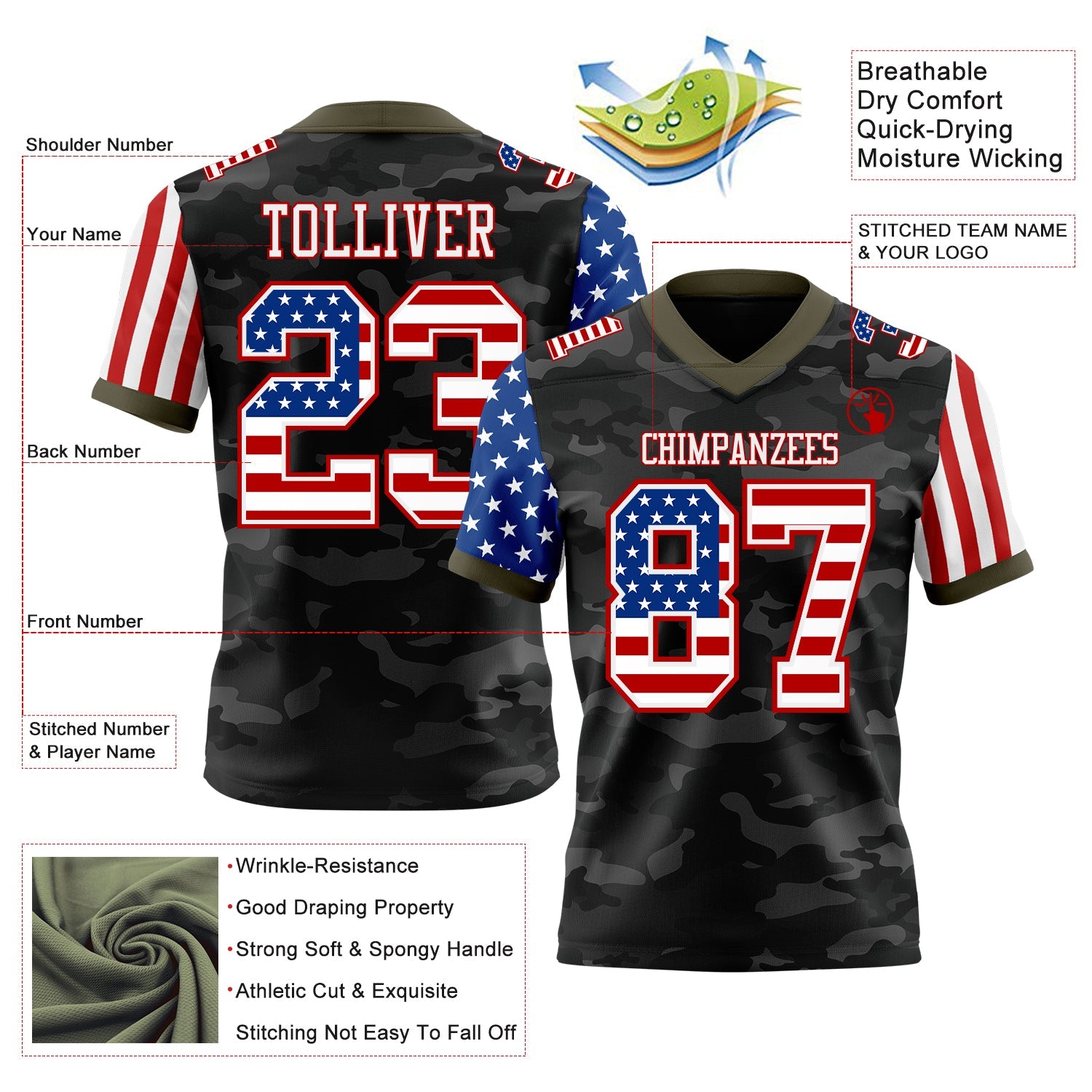 Custom Camo USA Flag White Red-Olive Authentic Stars And Stripes Two Tone Salute To Service 7V7 Flag Football Jersey view 2