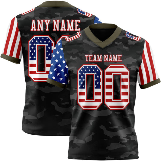 Custom Camo USA Flag White Red-Olive Authentic Stars And Stripes Two Tone Salute To Service 7V7 Flag Football Jersey - Main View