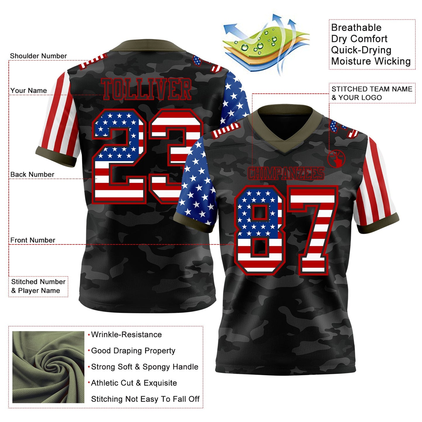 Custom Camo USA Flag Black Red-Olive Authentic Stars And Stripes Two Tone Salute To Service 7V7 Flag Football Jersey view 2