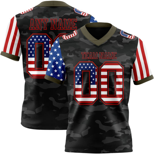 Custom Camo USA Flag Black Red-Olive Authentic Stars And Stripes Two Tone Salute To Service 7V7 Flag Football Jersey - Main View