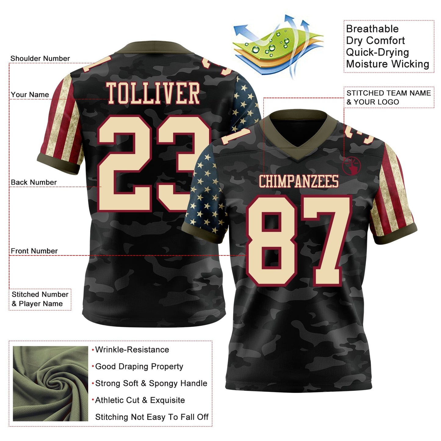Custom Camo Cream Crimson-Olive Authentic American Flag Stars And Stripes Two Tone Salute To Service 7V7 Flag Football Jersey view 2