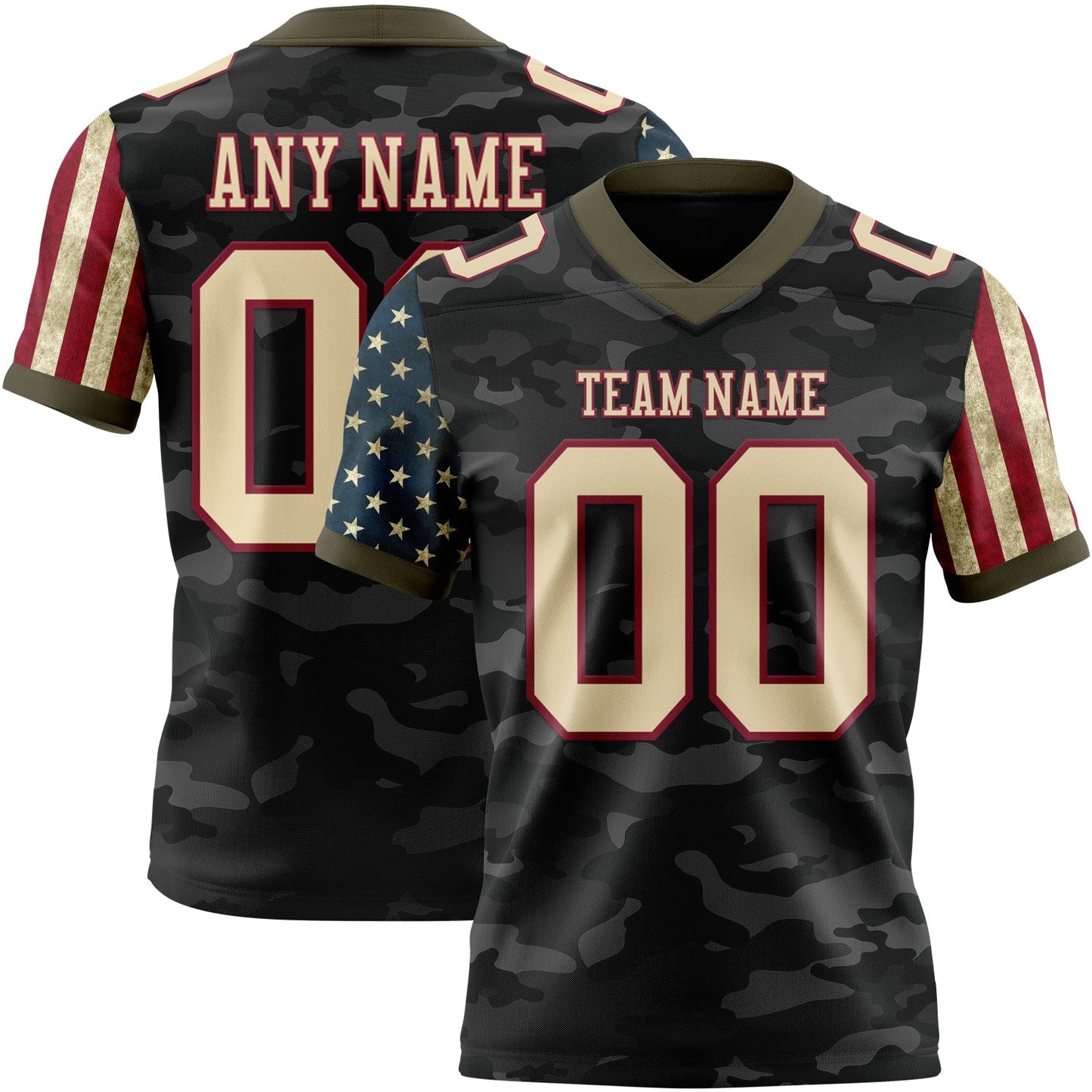 Custom Camo Cream Crimson-Olive Authentic American Flag Stars And Stripes Two Tone Salute To Service 7V7 Flag Football Jersey - Main View