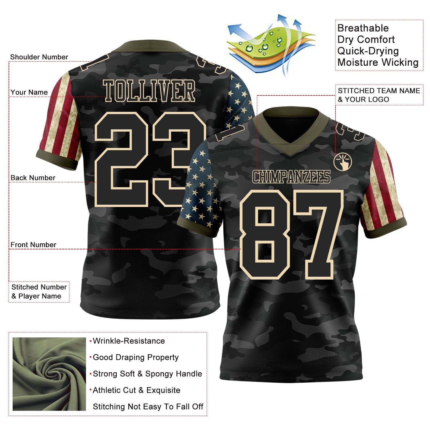 Custom Camo Black Cream-Olive Authentic American Flag Stars And Stripes Two Tone Salute To Service 7V7 Flag Football Jersey view 2