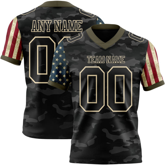 Custom Camo Black Cream-Olive Authentic American Flag Stars And Stripes Two Tone Salute To Service 7V7 Flag Football Jersey - Main View