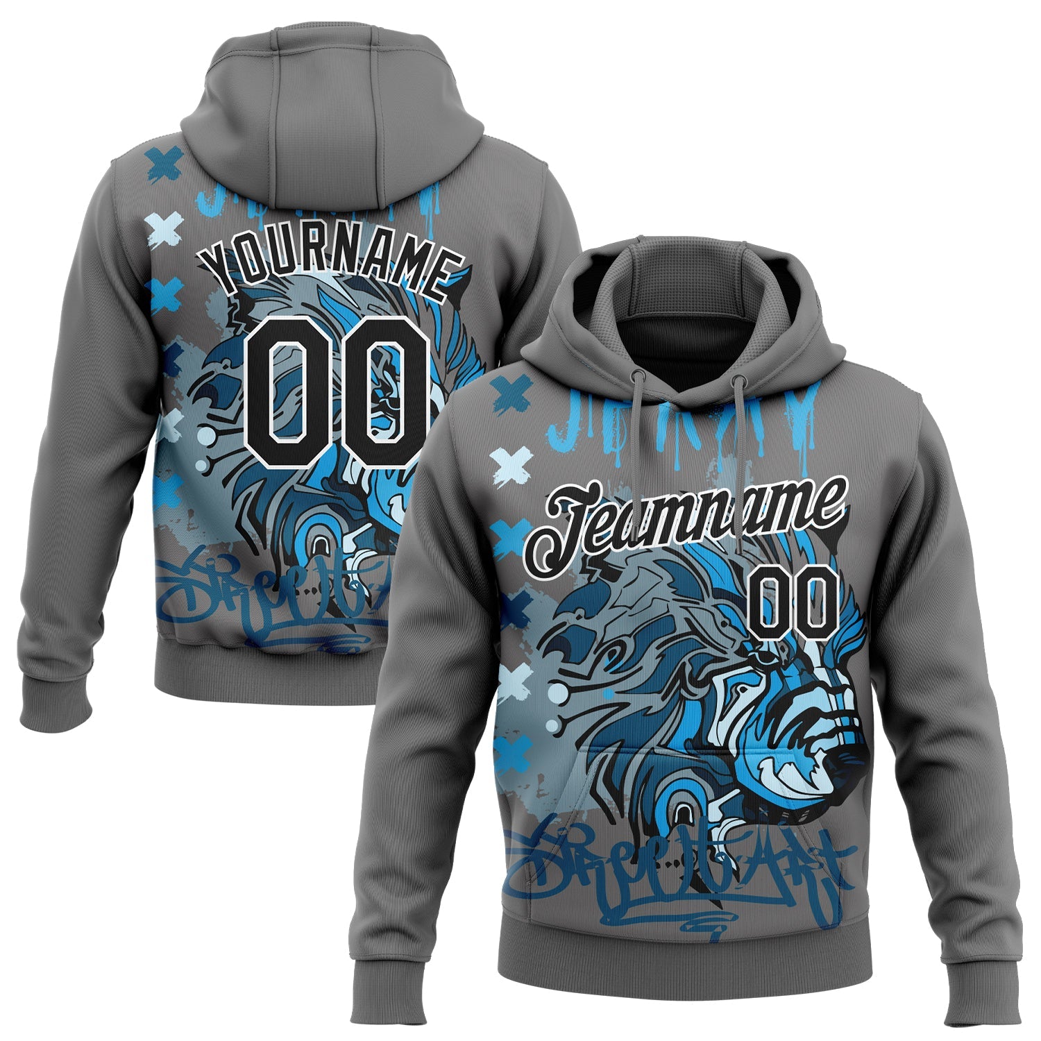 Custom Stitched Steel Gray Black-White 3D Pattern Design Tiger Sports Pullover Sweatshirt Hoodie - Main View