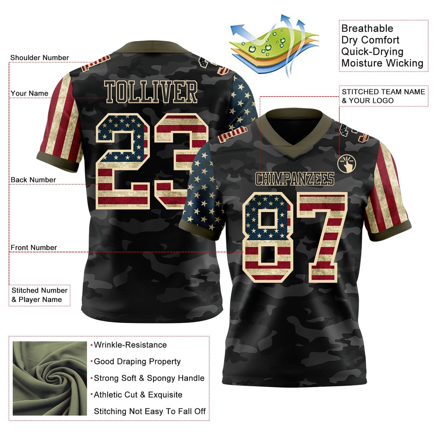 Custom Camo Vintage USA Flag Cream Black-Olive Authentic Stars And Stripes Two Tone Salute To Service 7V7 Flag Football Jersey view 2
