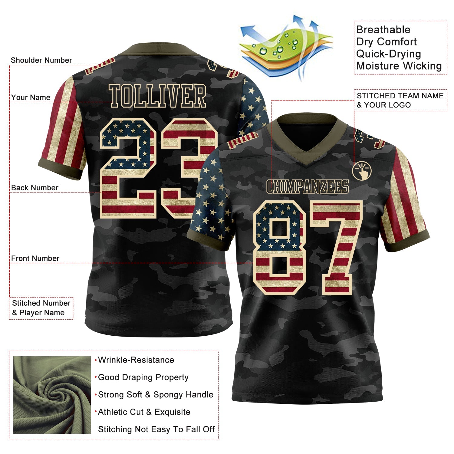 Custom Camo Vintage USA Flag Cream Black-Olive Authentic Stars And Stripes Two Tone Salute To Service 7V7 Flag Football Jersey view 2