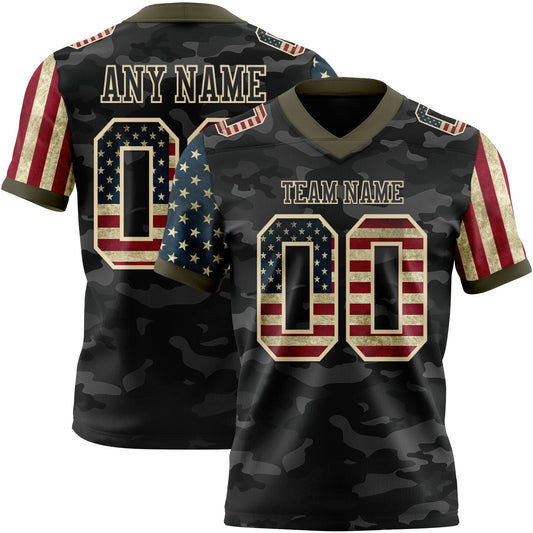 Custom Camo Vintage USA Flag Cream Black-Olive Authentic Stars And Stripes Two Tone Salute To Service 7V7 Flag Football Jersey - Main View