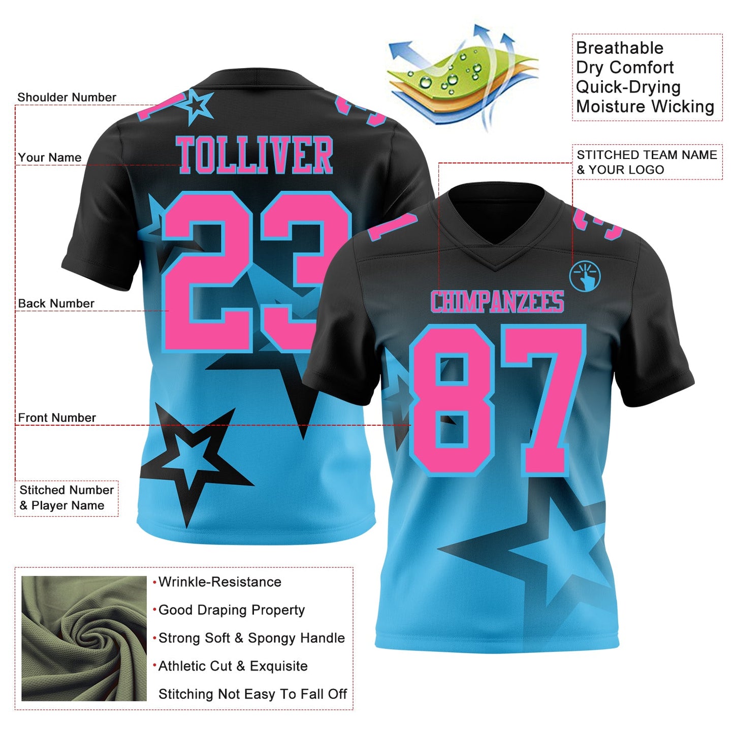 Custom Black Pink-Sky Blue Authentic Star Gradient 7V7 Flag Football Jersey view 2