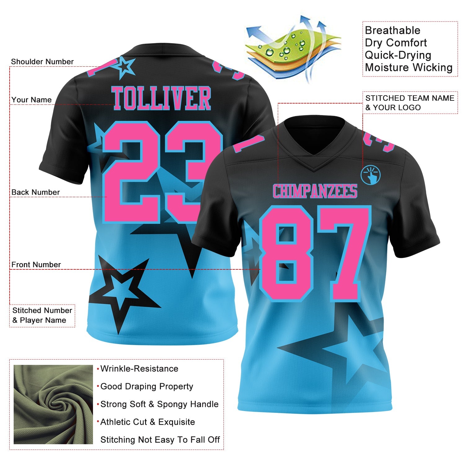 Custom Black Pink-Sky Blue Authentic Star Gradient 7V7 Flag Football Jersey view 2