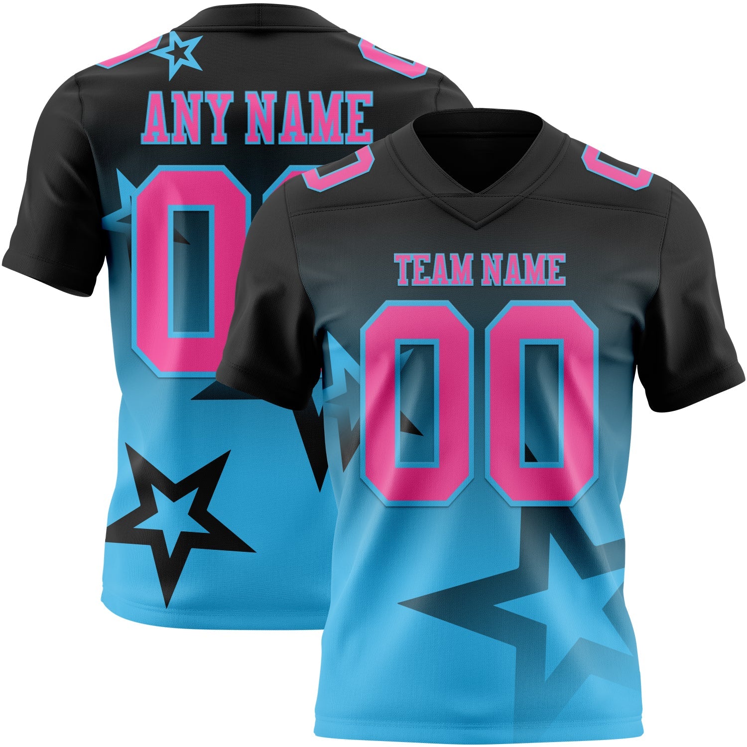 Custom Black Pink-Sky Blue Authentic Star Gradient 7V7 Flag Football Jersey - Main View