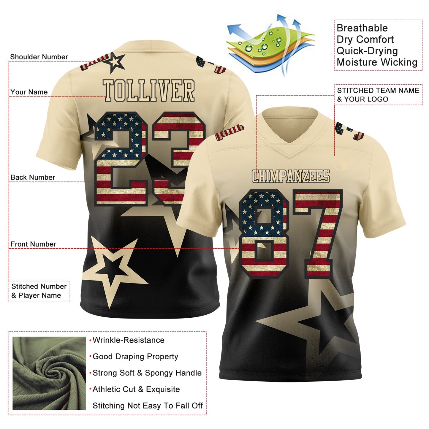 Custom Cream Vintage USA Flag-Black Authentic Star Gradient 7V7 Flag Football Jersey view 2