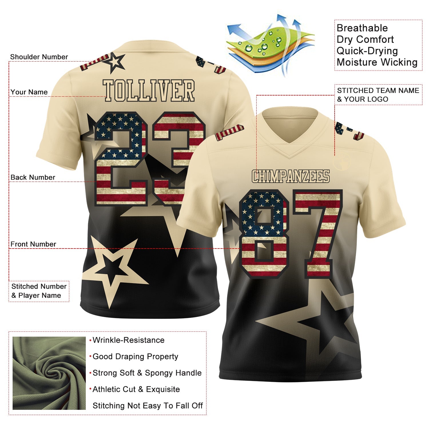 Custom Cream Vintage USA Flag-Black Authentic Star Gradient 7V7 Flag Football Jersey view 2