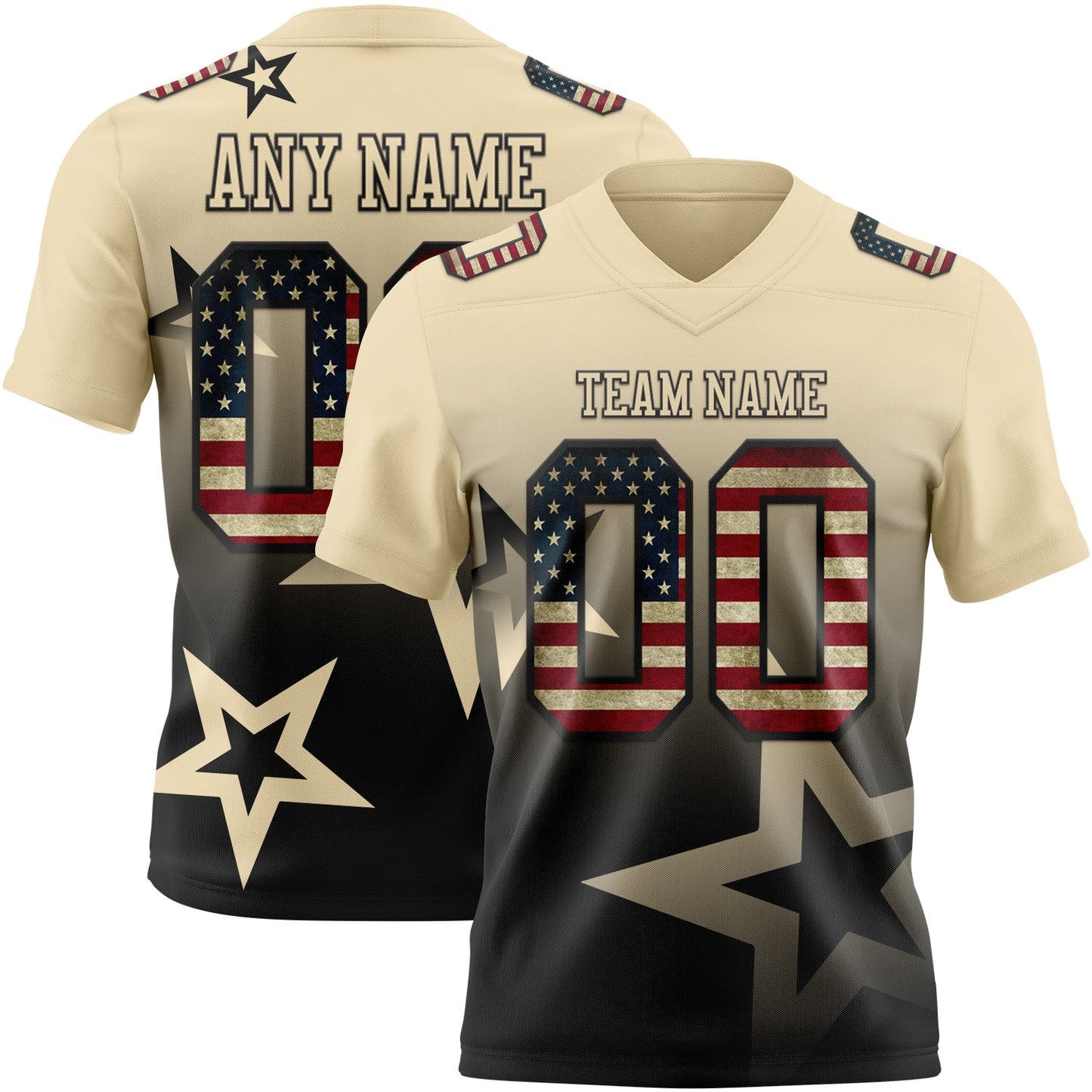 Custom Cream Vintage USA Flag-Black Authentic Star Gradient 7V7 Flag Football Jersey - Main View