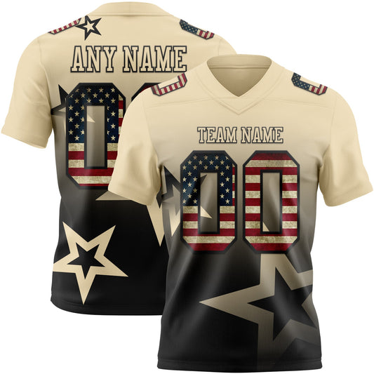 Custom Cream Vintage USA Flag-Black Authentic Star Gradient 7V7 Flag Football Jersey - Main View