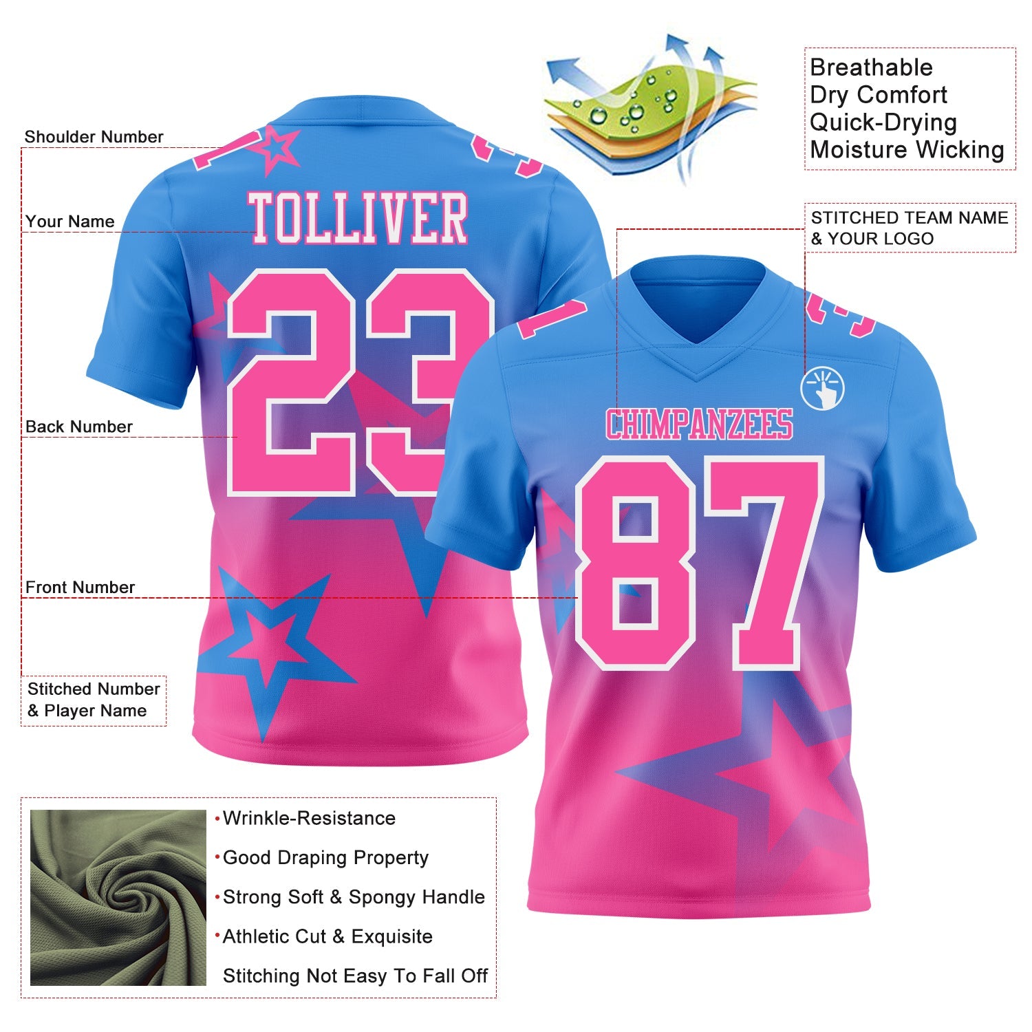 Custom Powder Blue Pink-White Authentic Star Gradient 7V7 Flag Football Jersey view 2
