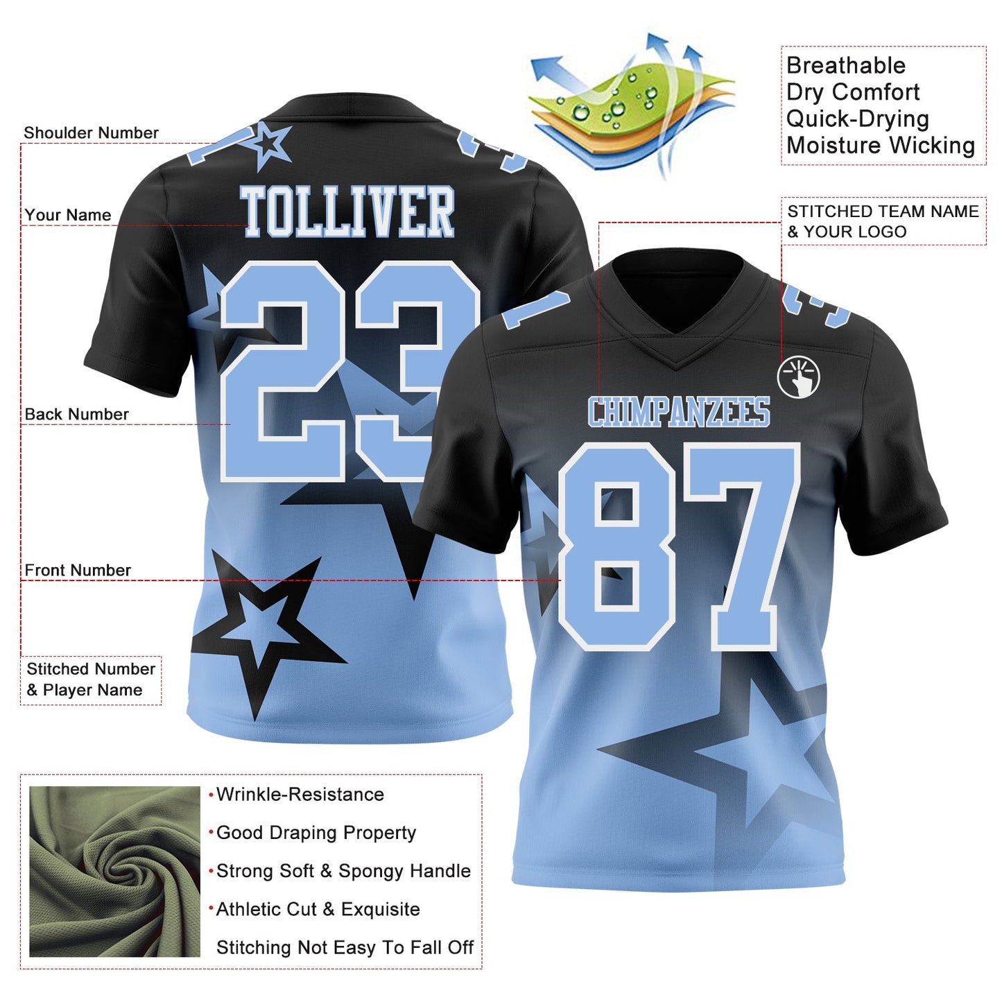Custom Black Light Blue-White Authentic Star Gradient 7V7 Flag Football Jersey view 2