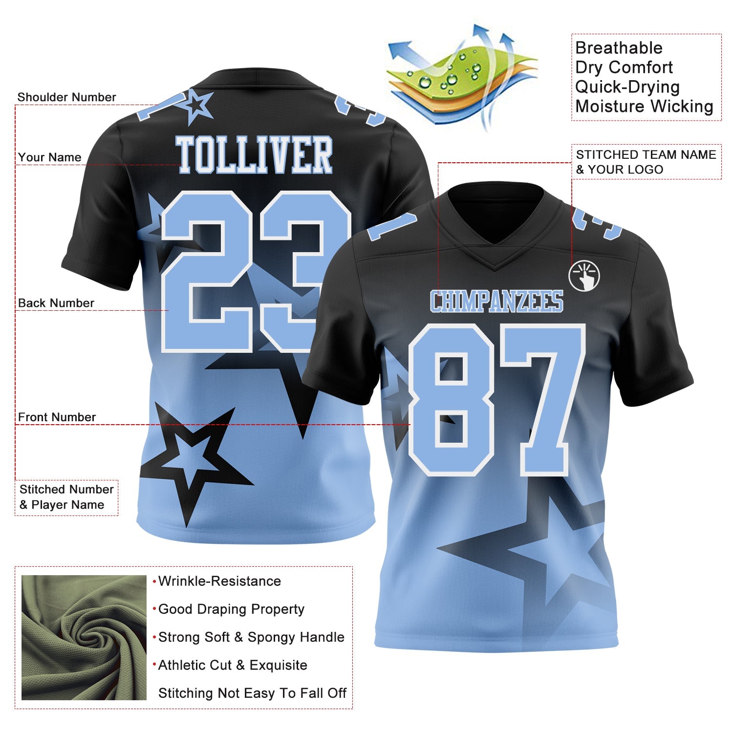 Custom Black Light Blue-White Authentic Star Gradient 7V7 Flag Football Jersey view 2