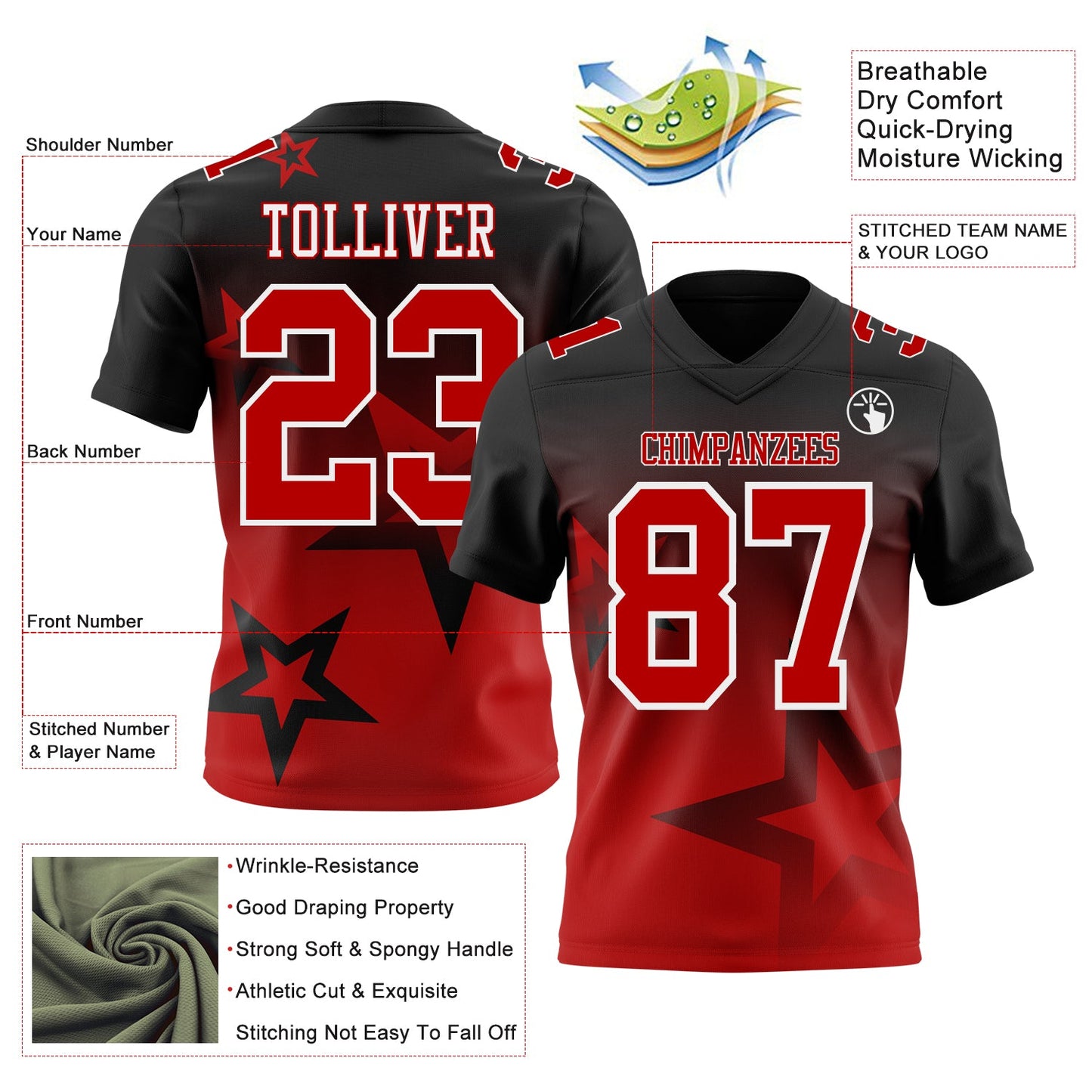 Custom Black Red-White Authentic Star Gradient 7V7 Flag Football Jersey view 2