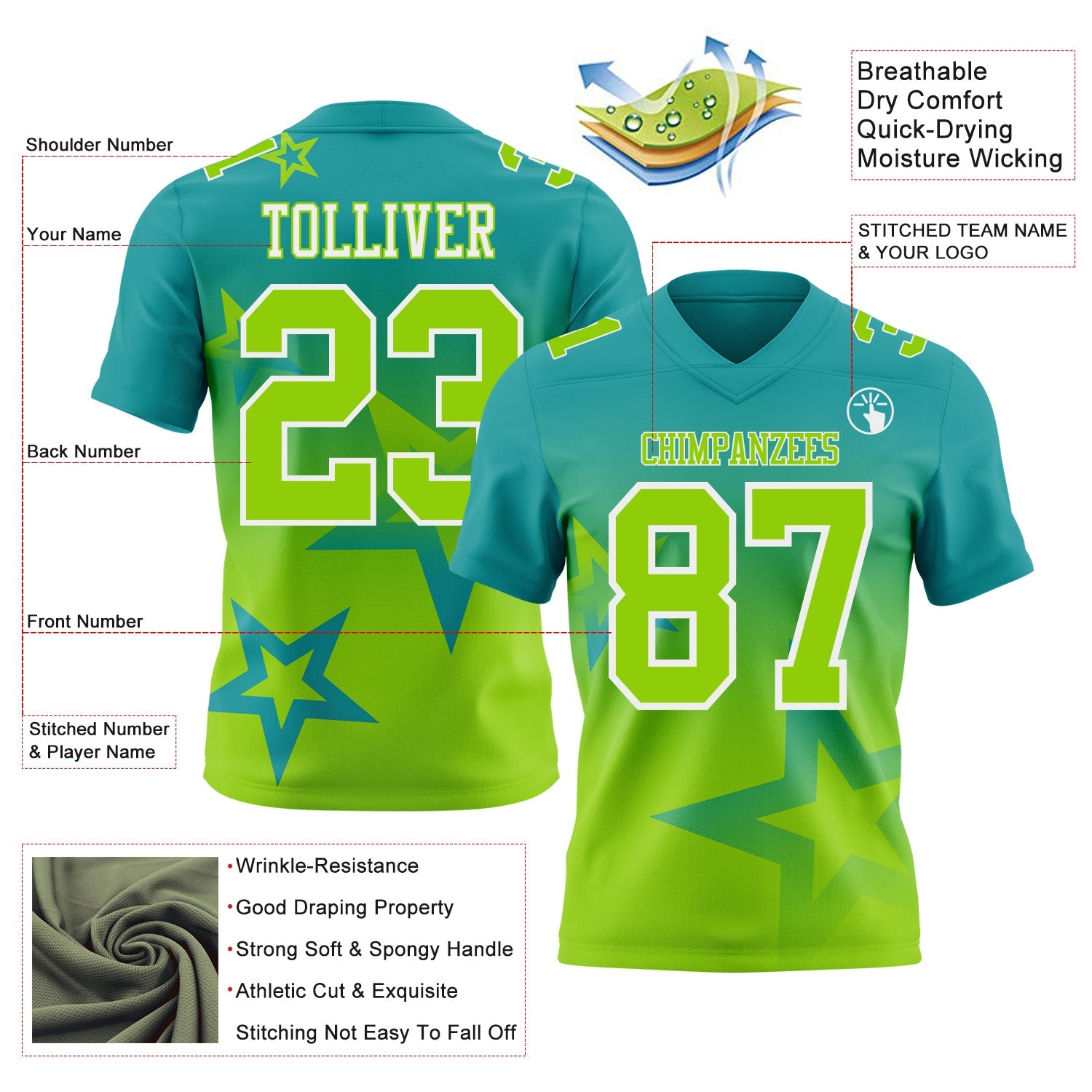 Custom Teal Neon Green-White Authentic Star Gradient 7V7 Flag Football Jersey view 2