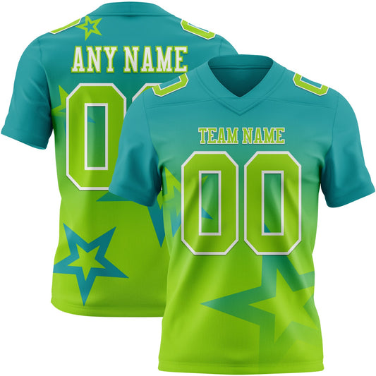 Custom Teal Neon Green-White Authentic Star Gradient 7V7 Flag Football Jersey - Main View