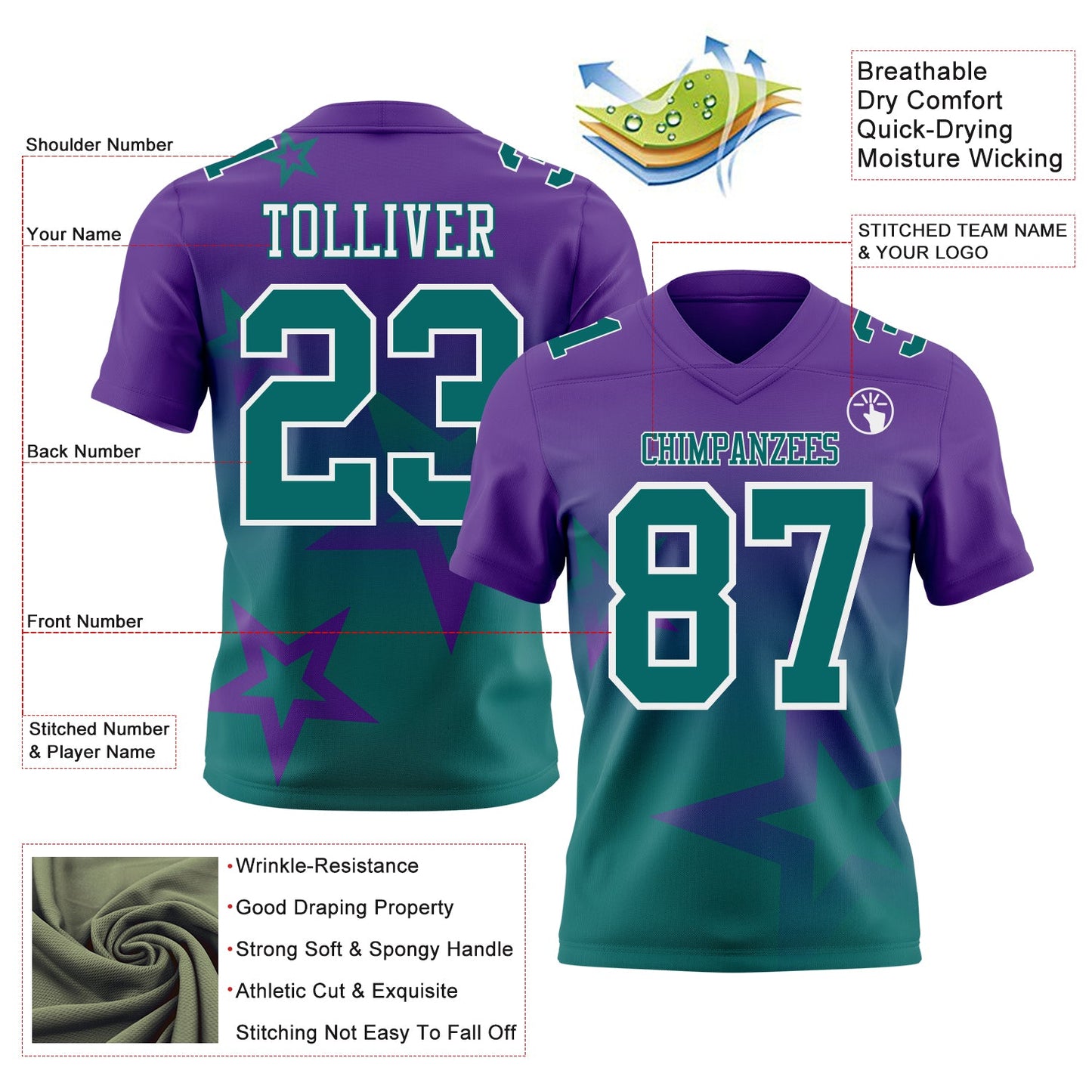 Custom Purple Teal-White Authentic Star Gradient 7V7 Flag Football Jersey view 2