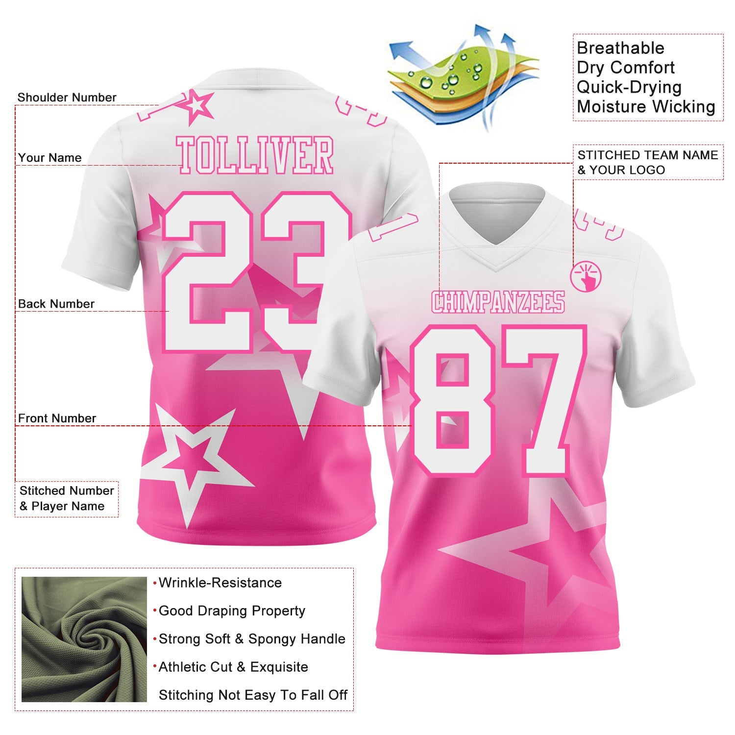 Custom White-Pink Authentic Star Gradient 7V7 Flag Football Jersey view 2
